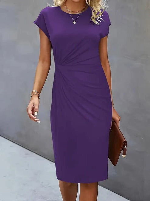 Women's midi dress tailored silhouette lightweight professional wear classic round neckline versatile style