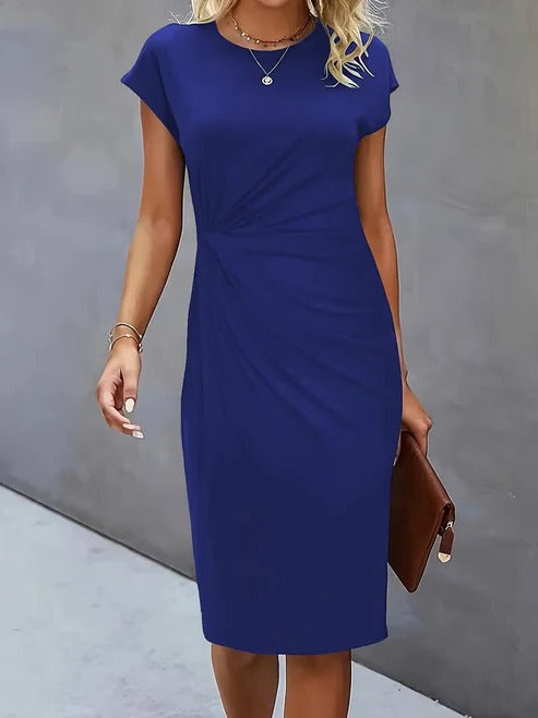 Women's midi dress tailored silhouette round neckline lightweight professional style versatile black