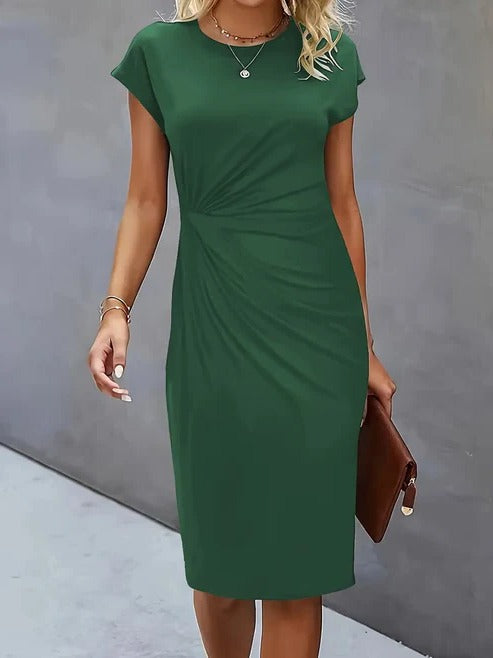 Women's midi dress tailored silhouette lightweight professional wear classic round neckline versatile style