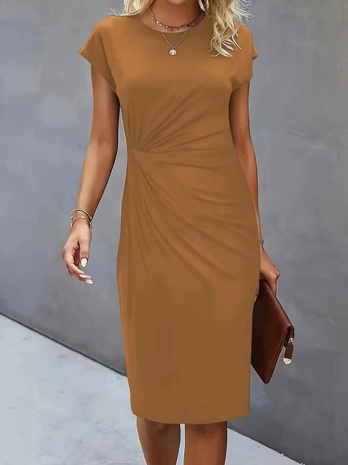 Women's solid midi dress tailored silhouette round neckline lightweight professional style
