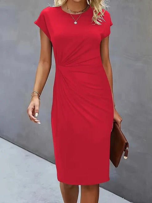 Women's midi dress tailored silhouette classic round neckline lightweight professional style
