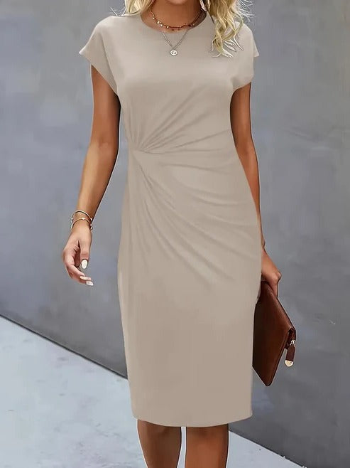 Women's midi dress tailored silhouette round neckline lightweight professional formal style