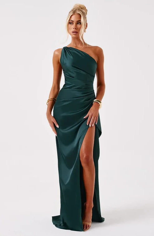 Black one-shoulder evening gown with asymmetric neckline, high side slit, sleek formal silhouette