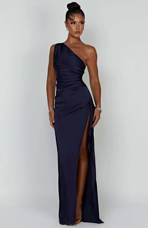Women's black one-shoulder evening gown with asymmetric neckline and high side slit