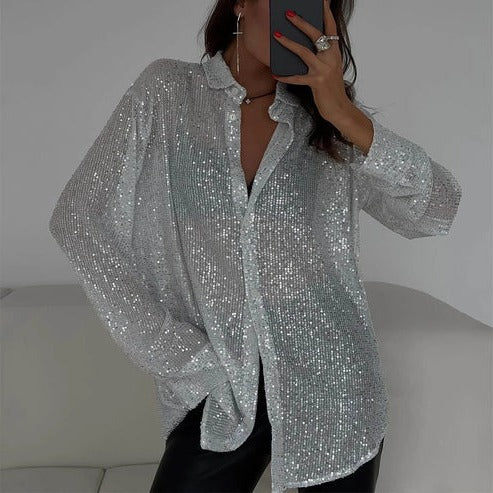 Women's silver sequin oversized blouse with turn-down collar, relaxed fit, and long sleeves for festive style