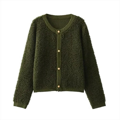 Women's plush teddy fleece jacket in neutral tone, relaxed casual fit with soft textured exterior