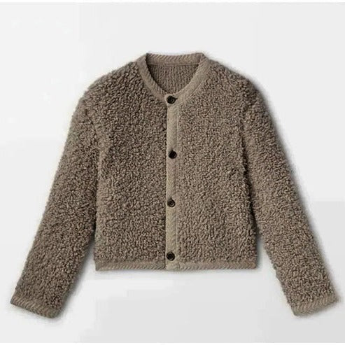 Women's camel teddy fleece jacket relaxed fit with plush textured exterior for casual to dressy layering