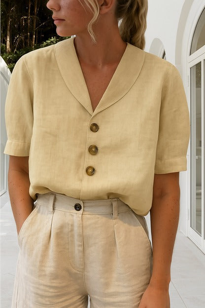 Women's soft solid tee with envelope neckline, button accents, relaxed casual cut for everyday wear