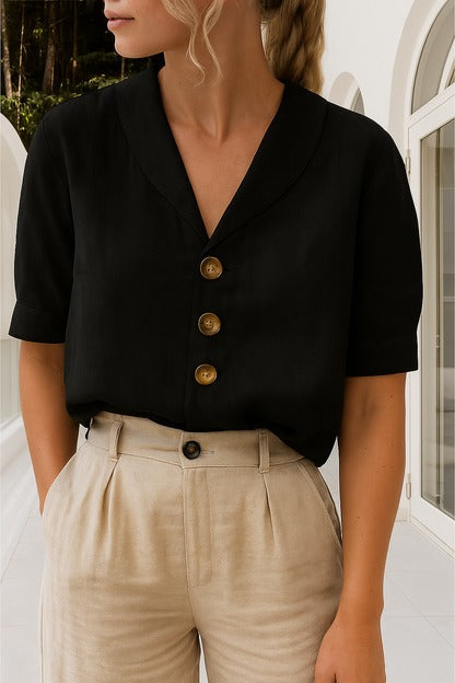 Women's solid soft tee with envelope neckline, button accents, relaxed casual-chic everyday fit