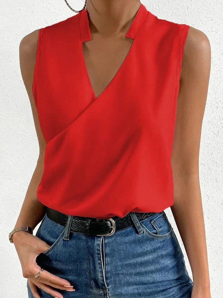 Women's lightweight breathable V-neck top soft structured silhouette flattering elongating neckline summer style
