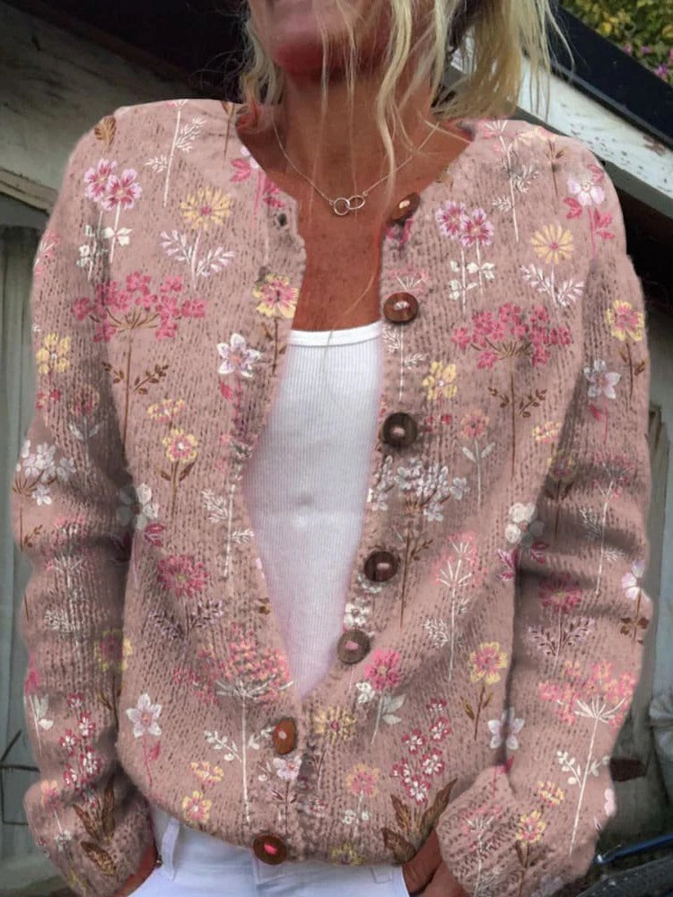 Women's floral cardigan soft pink delicate pattern round neckline versatile everyday layering piece