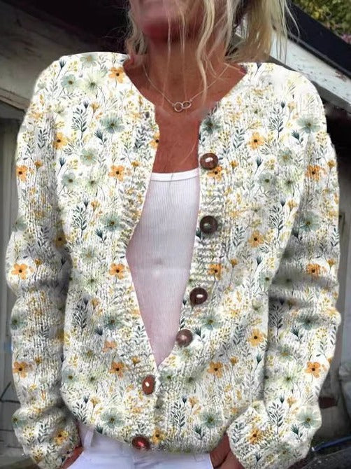 Women's floral cardigan soft delicate pattern round neckline versatile feminine layering piece