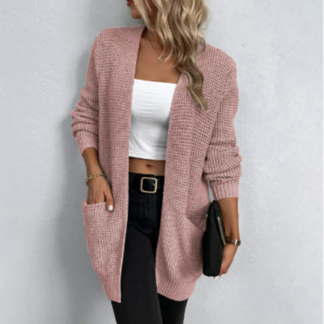 Long sleeve open-front knit cardigan relaxed fit cozy layering essential for everyday wear