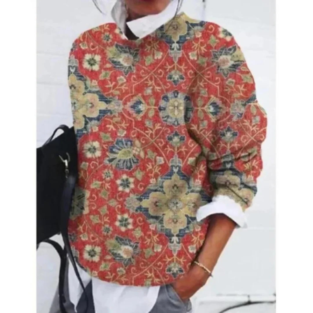 Women's relaxed fit floral sweater with multi-color feminine print for cozy everyday style