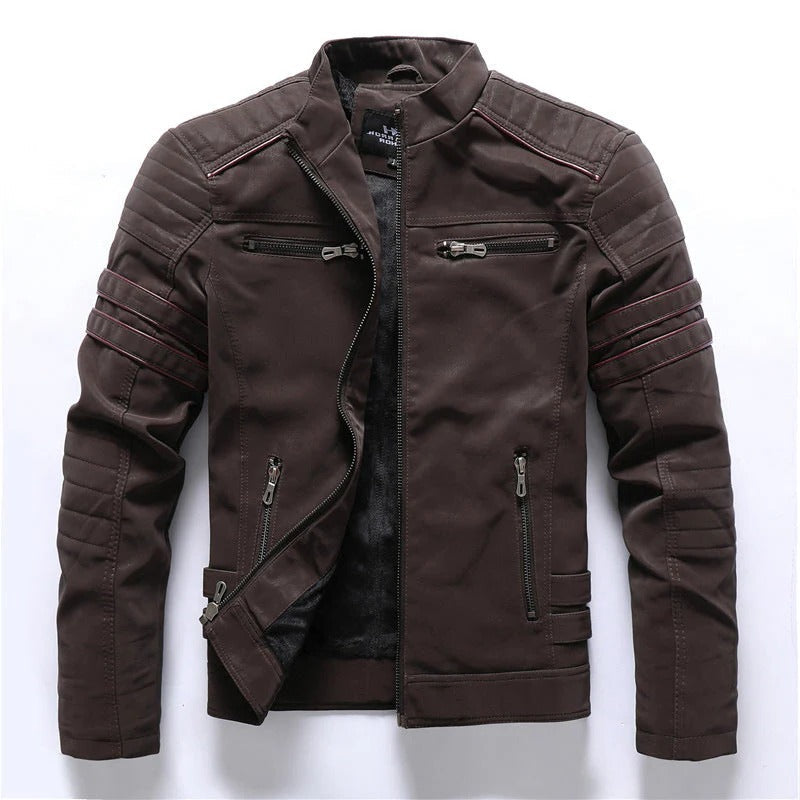 Men black biker jacket with quilted shoulders, asymmetrical zip, and structured urban fit
