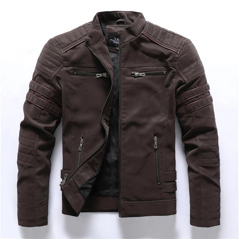 Men black biker jacket with quilted shoulders, asymmetrical zip, and structured urban fit