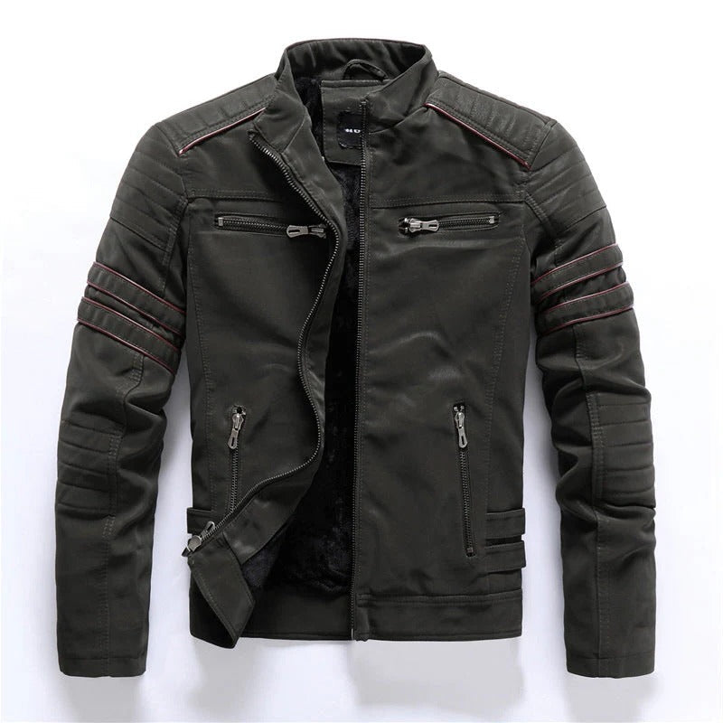 Men's black biker jacket with quilted shoulders, asymmetrical zip, and urban slim-fit silhouette