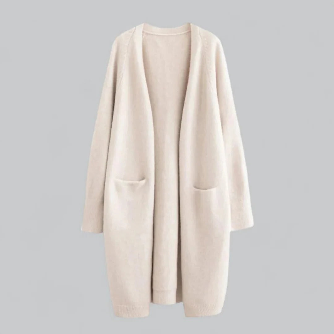 Women's longline open-front cardigan neutral tone relaxed silhouette versatile everyday layering piece