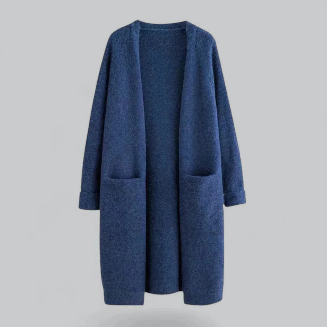 Women's longline open-front cardigan neutral tone relaxed drape versatile everyday layer