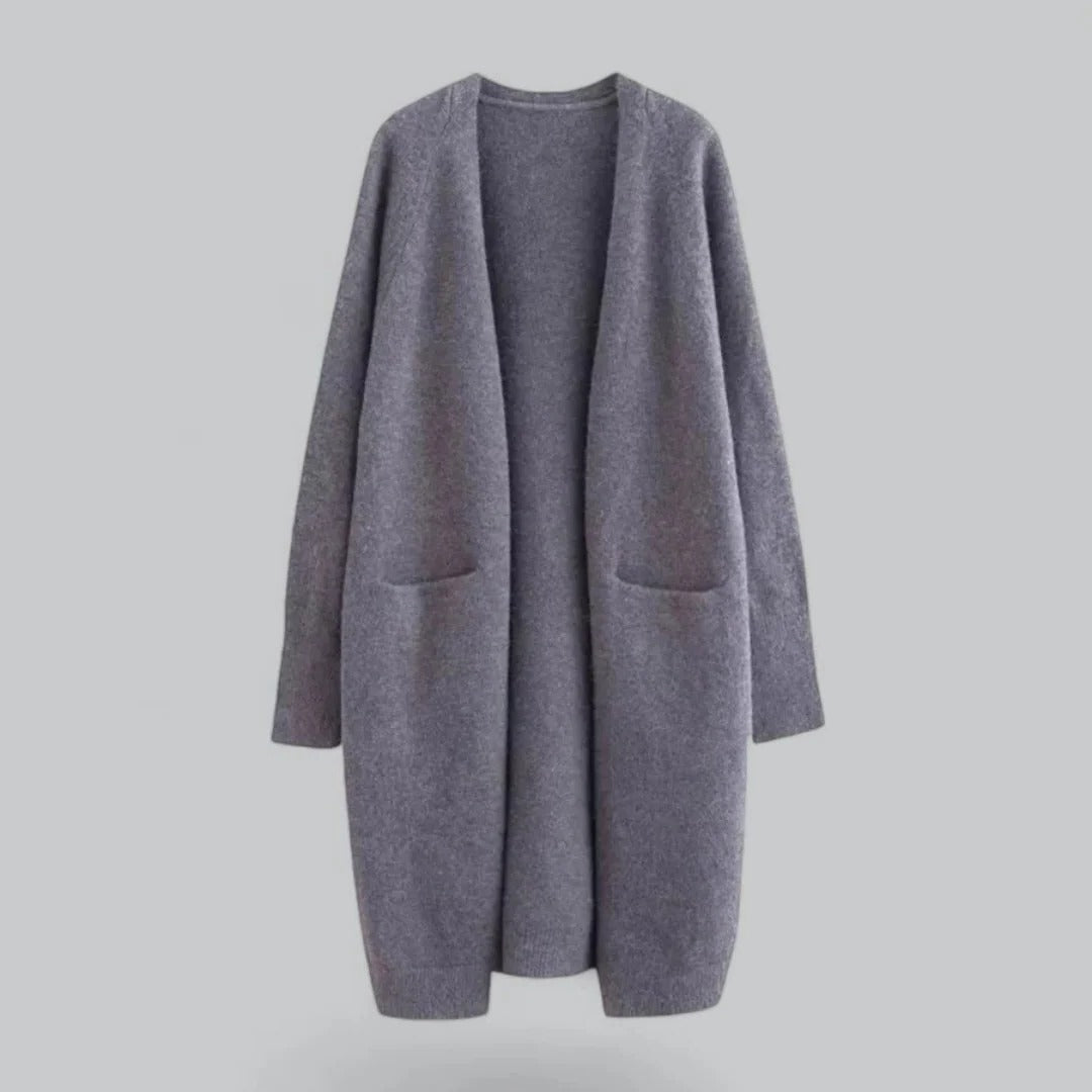 Women's longline open-front cardigan neutral tones relaxed flowing silhouette everyday casual layer