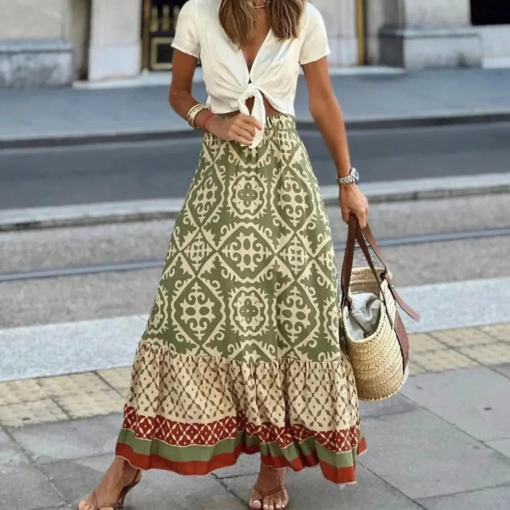 High-waisted flowing midi skirt for women lightweight summer style with defined waist silhouette
