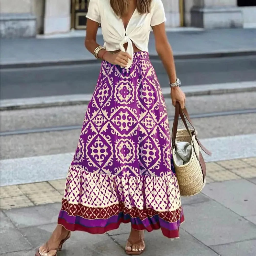 High-waisted midi summer skirt for women in lightweight flowing fabric with flattering waist definition