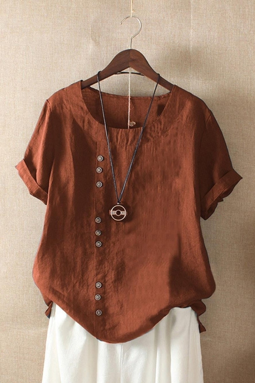 Women's solid color round neck blouse with decorative buttons, lightweight short sleeve office-ready top