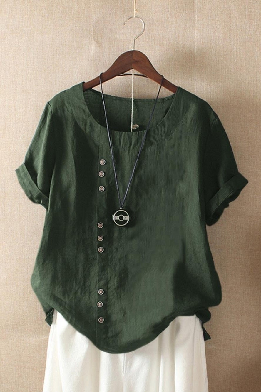 Women's solid color round neck blouse with decorative buttons, lightweight short sleeve office-ready top