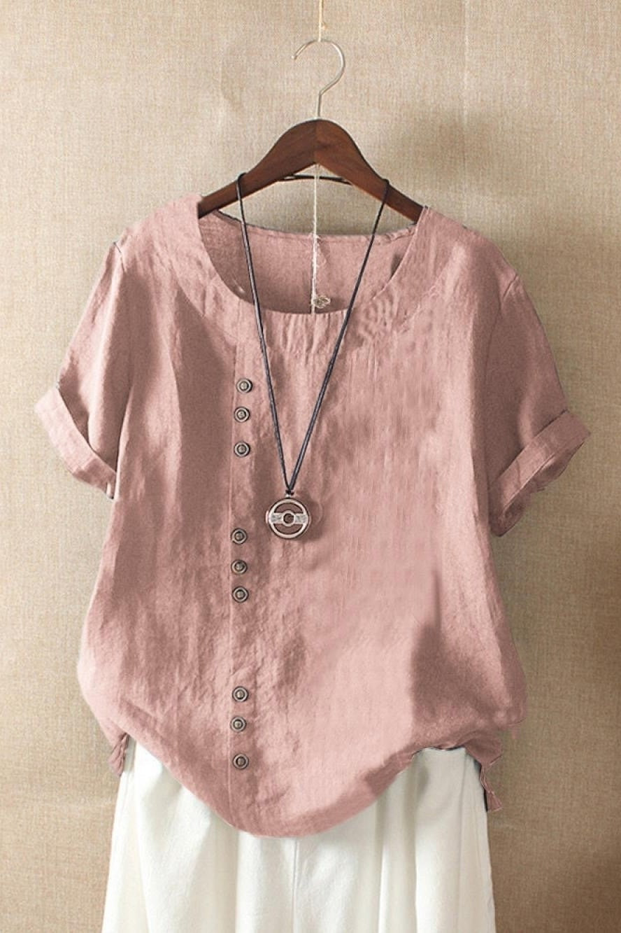 Women's solid color round neck blouse with decorative buttons, lightweight short sleeve office-ready top