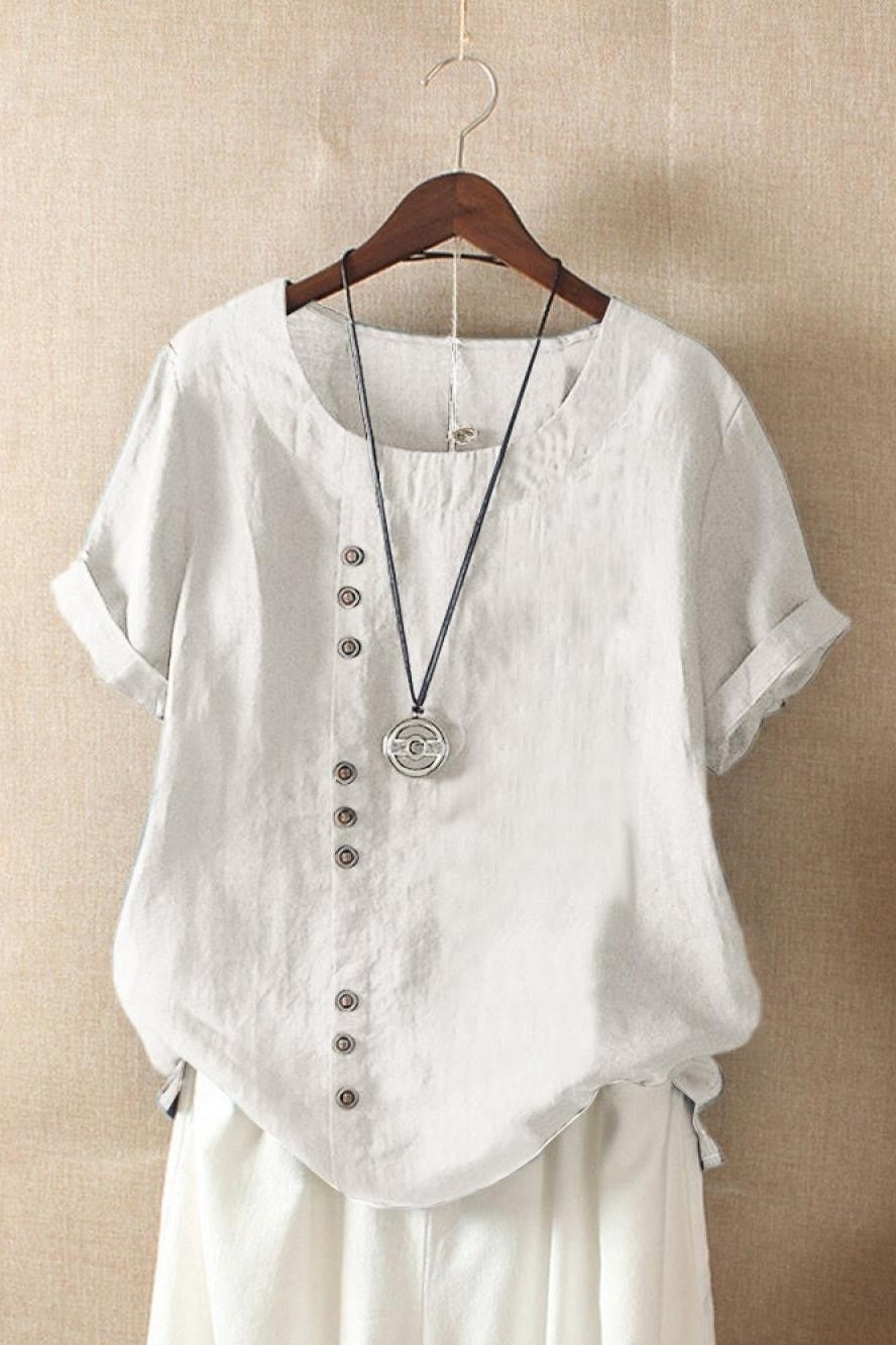 Women's solid color round neck blouse with decorative buttons, lightweight short sleeve office-ready top
