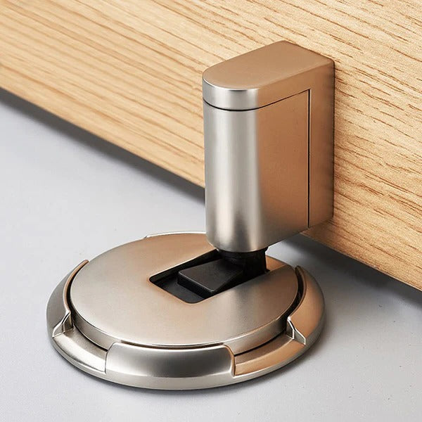 Brass adjustable door stopper with magnetic hold, polished gold finish, silent secure control