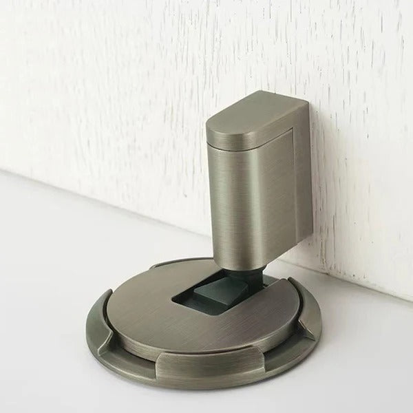 Brass adjustable door stopper with magnetic hold, polished gold finish, solid brass, wall-protecting design