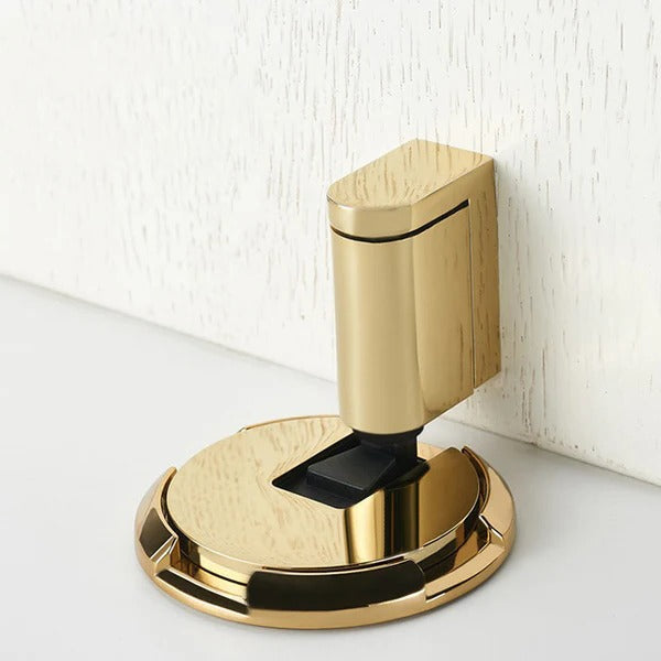 Brass adjustable door stopper with magnetic hold, polished gold finish, solid brass, wall-protecting