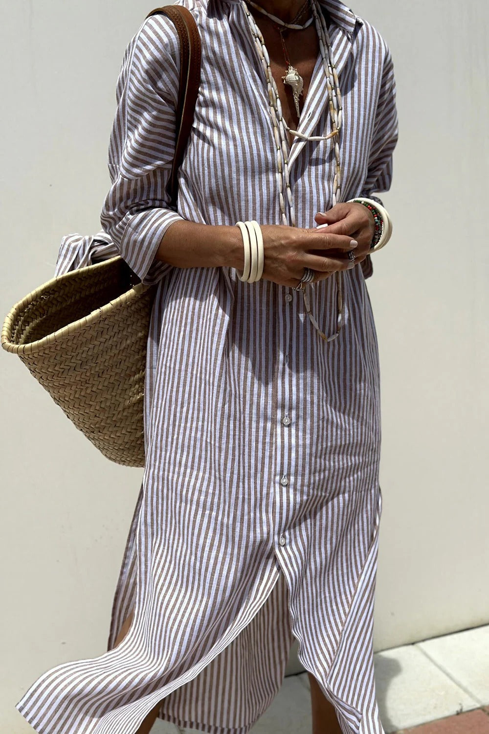 Women's striped button-down shirt dress oversized lightweight silhouette vertical stripes beach casual