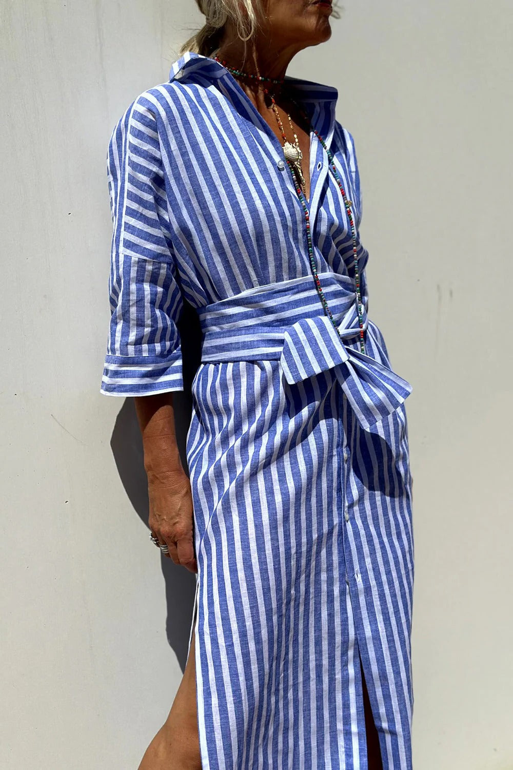Women's striped button-down shirt dress oversized lightweight silhouette vertical stripes beach casual