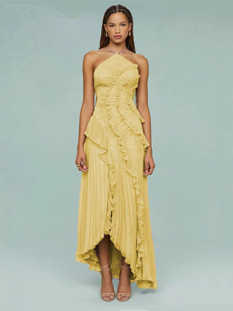 Women's pleated one-shoulder maxi dress elegant sculpted silhouette formal halter neckline