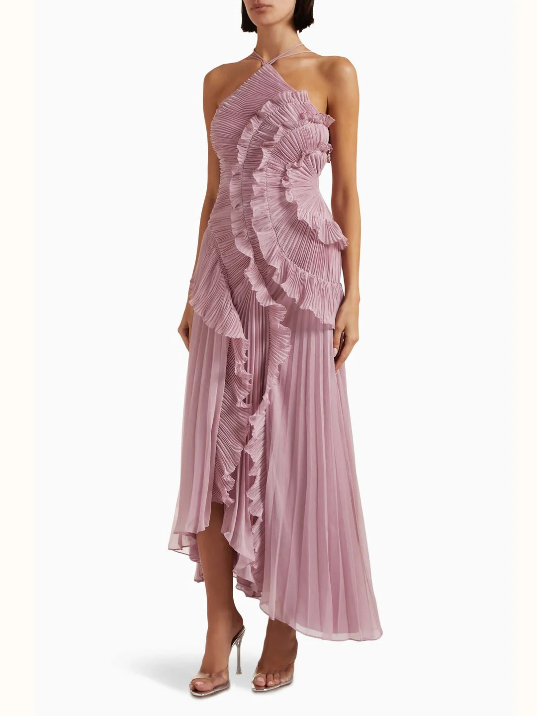 Women's pleated one-shoulder maxi dress sculpted silhouette elegant formal halter neckline