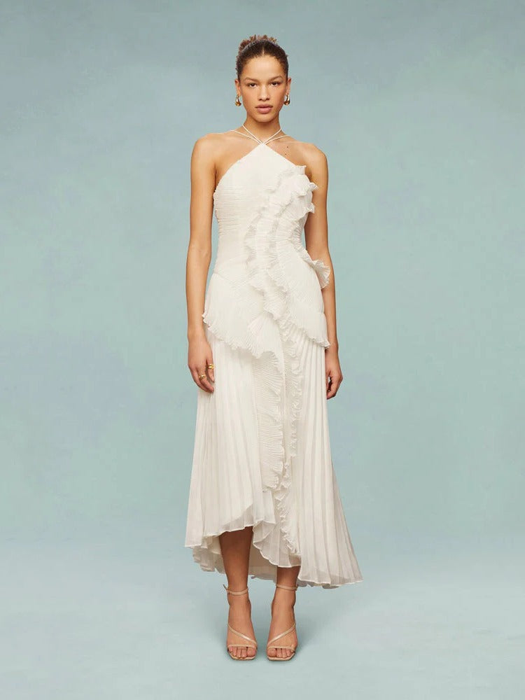Women's pleated one-shoulder maxi dress sculpted silhouette elegant formal halter neckline