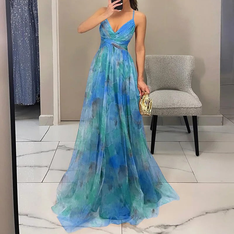 Floral pleated maxi dress with cross-front neckline, garden-to-evening women's style