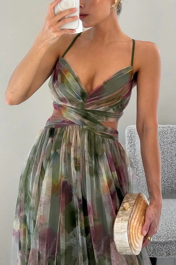 Floral pleated maxi dress for women with cross-front neckline, garden-to-evening style