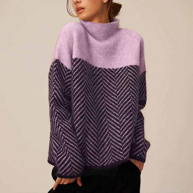 Women's oversized knit sweater stand-up collar two-tone herringbone weave cozy everyday layering