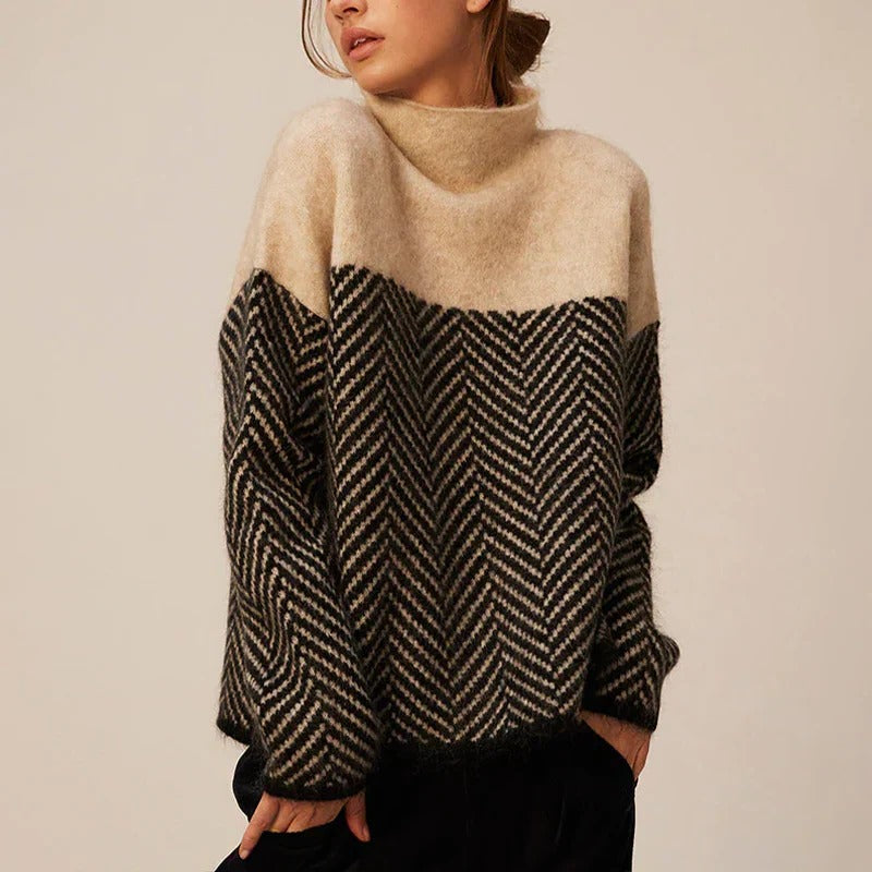 Women's oversized knit sweater neutral herringbone two-tone stand-up collar cozy everyday layering