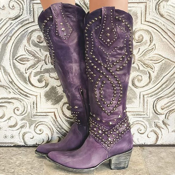 Women's western knee-high boots pointed toe studded details bold tan leather all-day comfort