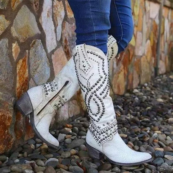 Women's western knee-high boots tan leather pointed toe with silver studded details bold style