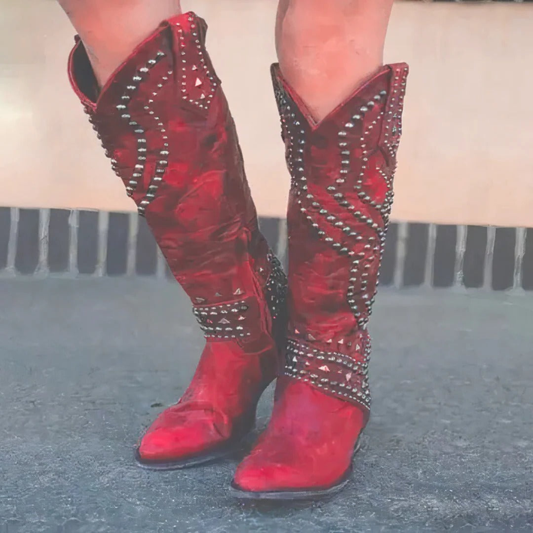 Women's western knee-high boots pointed toe studded details bold tan leather all-day comfort