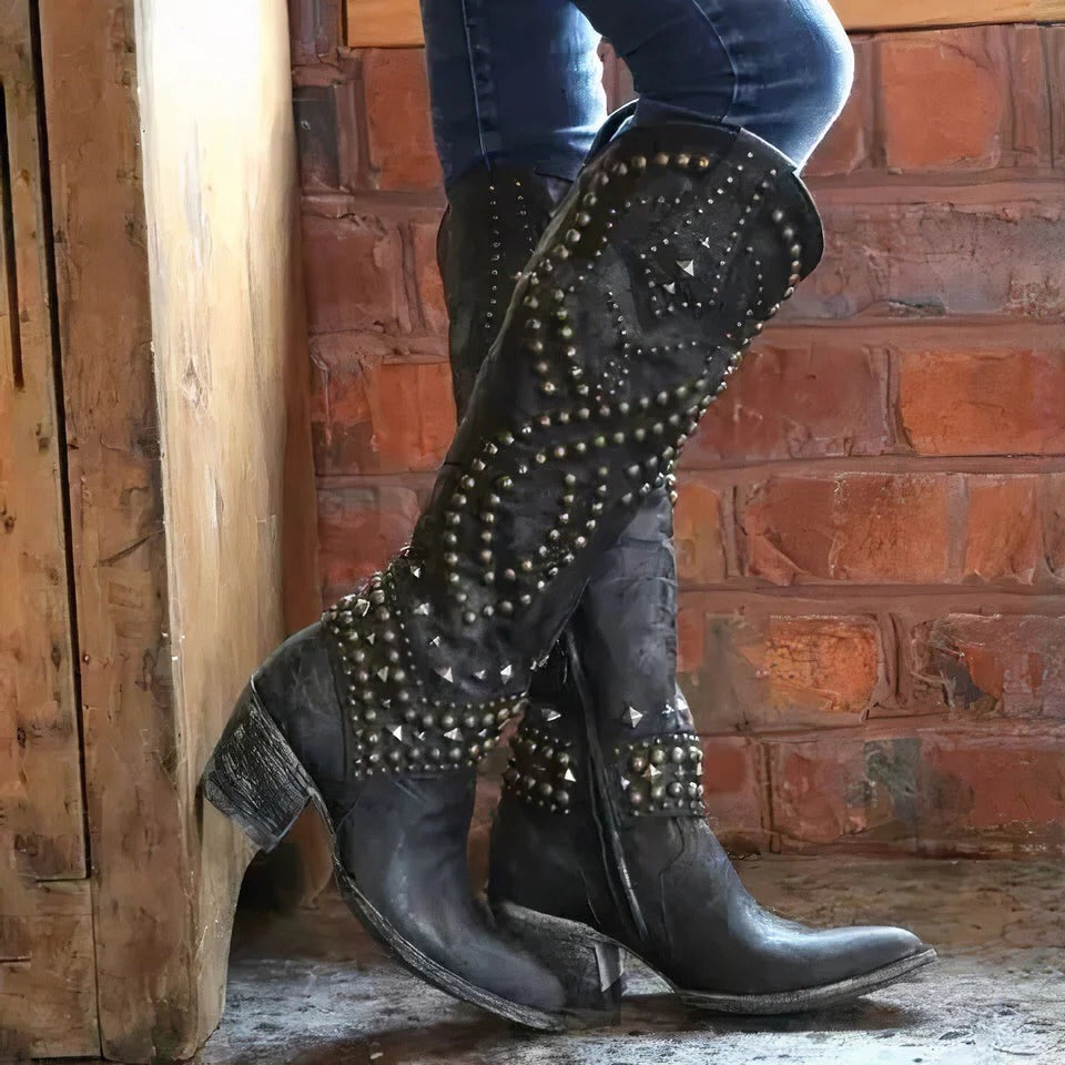 Women's western knee-high boots tan pointed toe studded details bold fashion statement