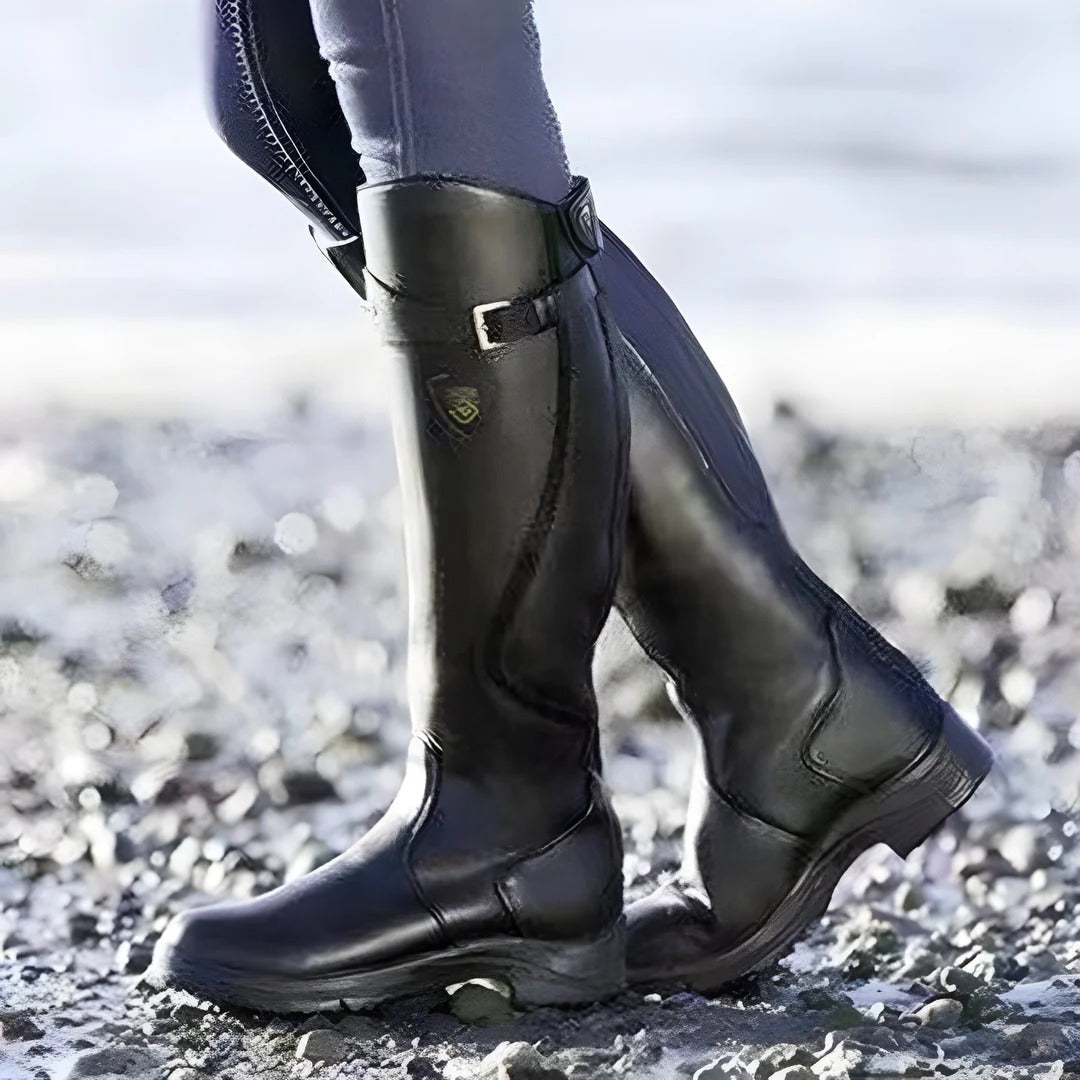 Women's waterproof knee-high boots in rugged outdoor style with grippy sole for all-weather wear