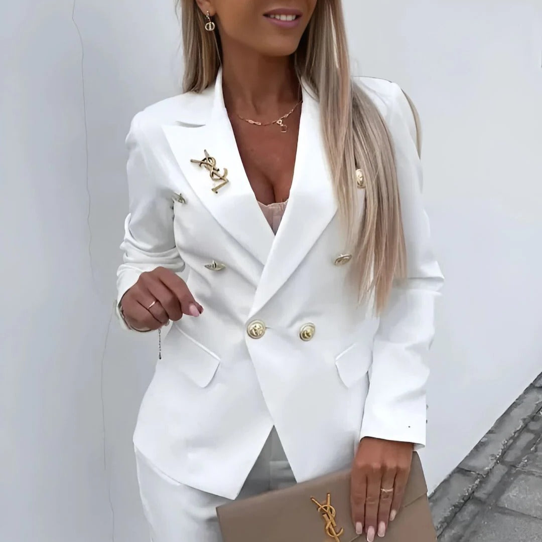 Women's double-breasted blazer tailored trousers set sharp structured silhouette professional style