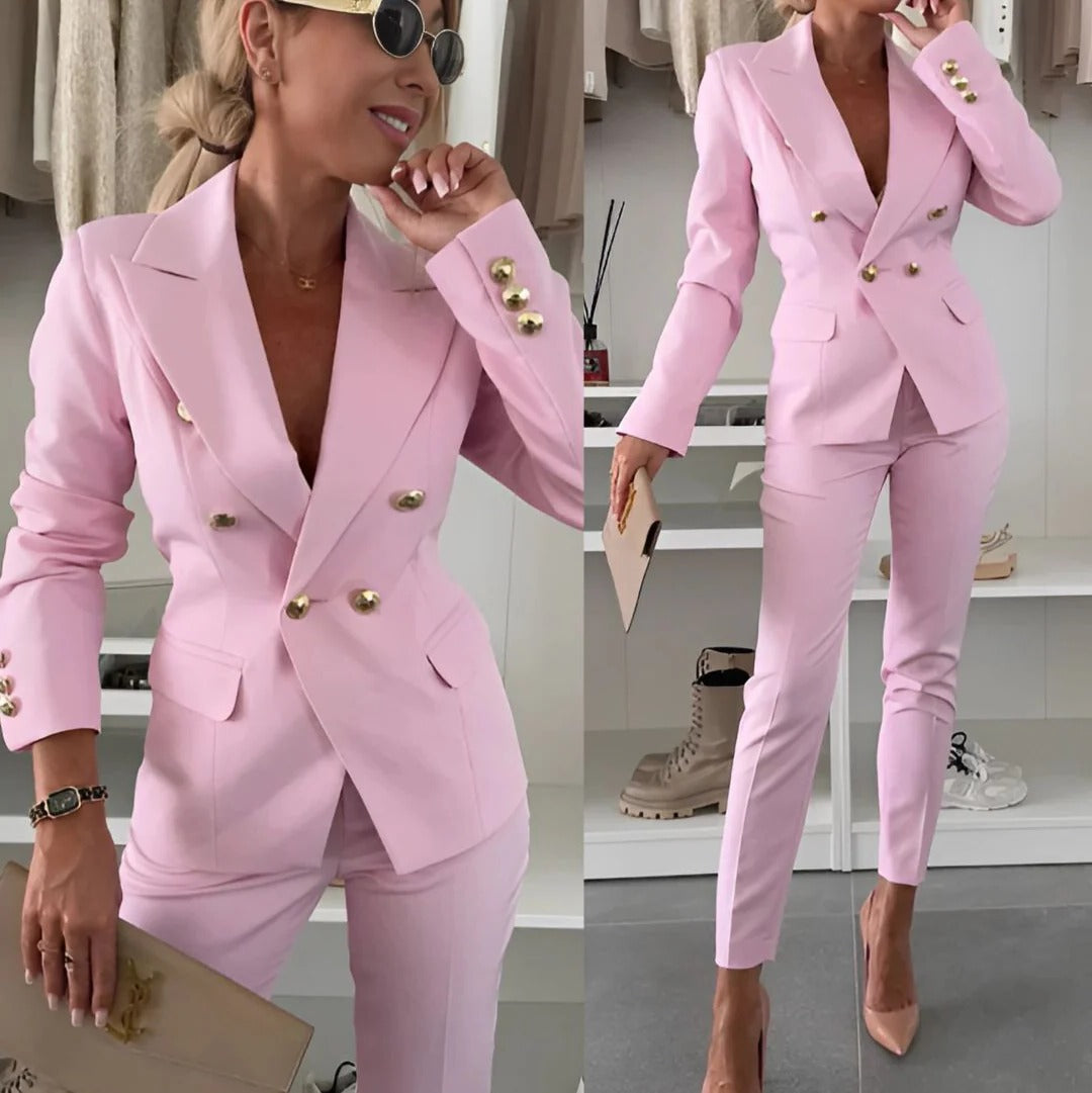 Women's double-breasted blazer tailored trousers set sharp structured straight-leg professional style