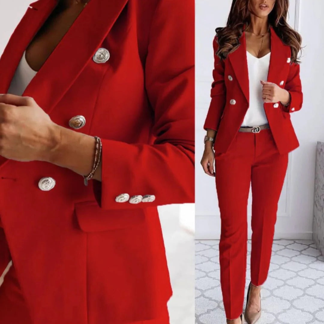 Women's double-breasted blazer tailored trousers set sharp structured straight-leg professional style